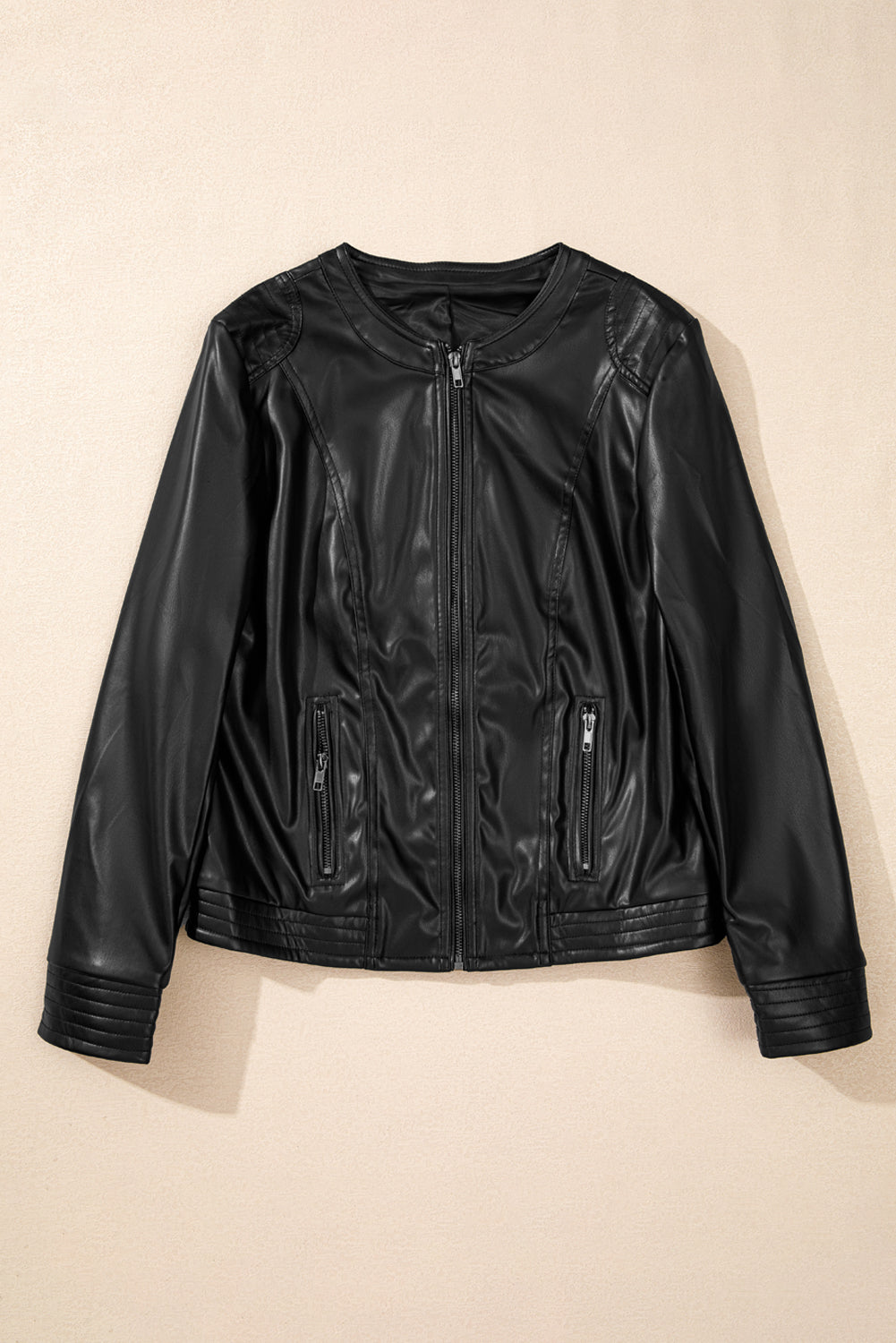 Black Solid Faux Leather Zipper Slim Fit Bomber Jacket