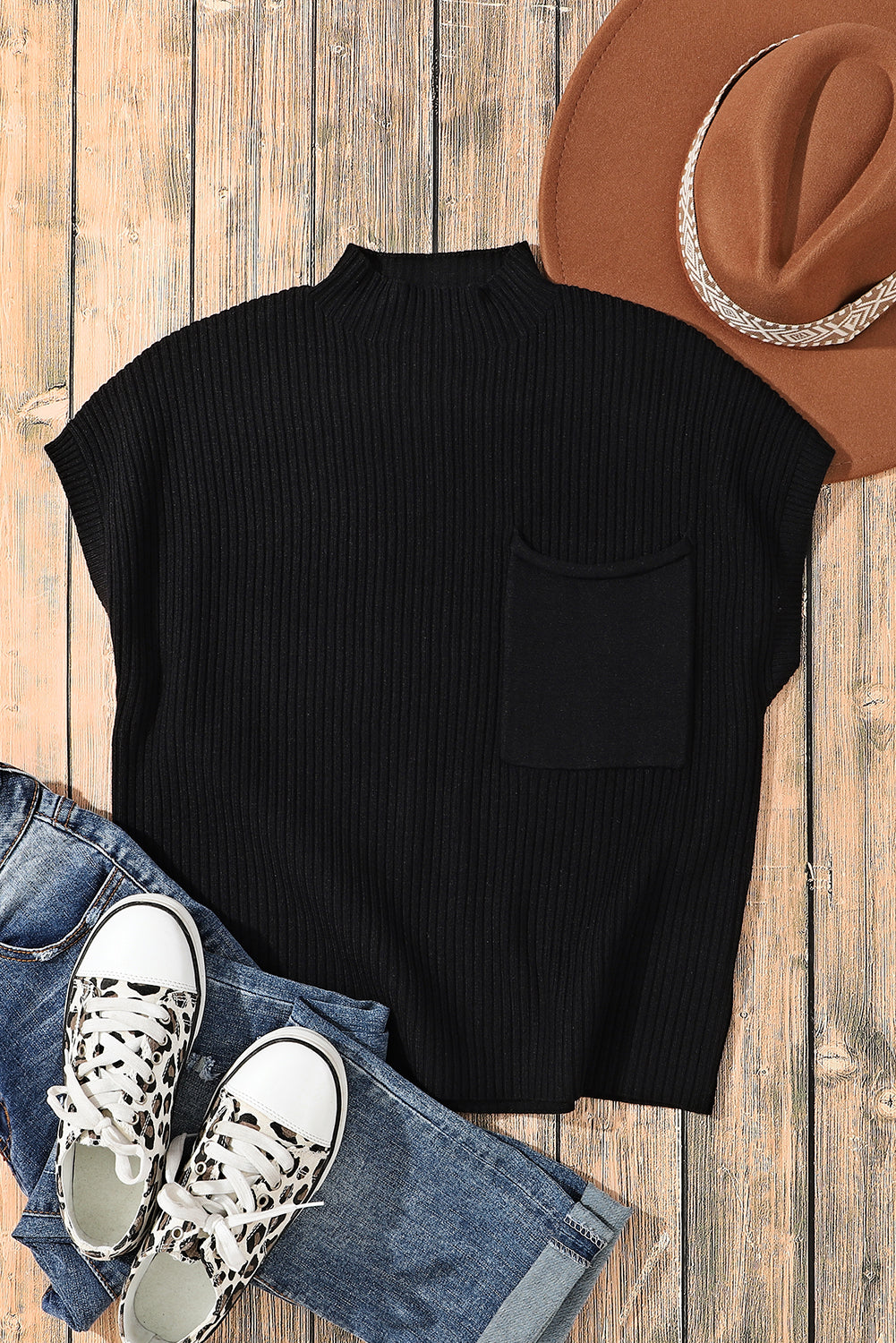 Black Patch Pocket Ribbed Knit Short Sleeve Sweater