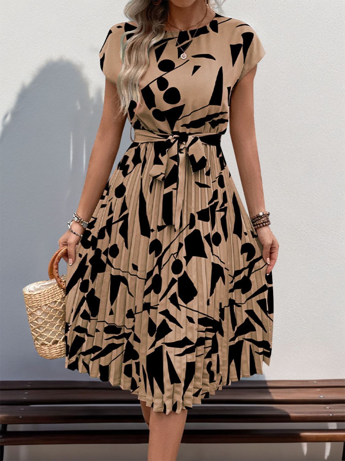 Perfee Tied Pleated Printed Cap Sleeve Dress