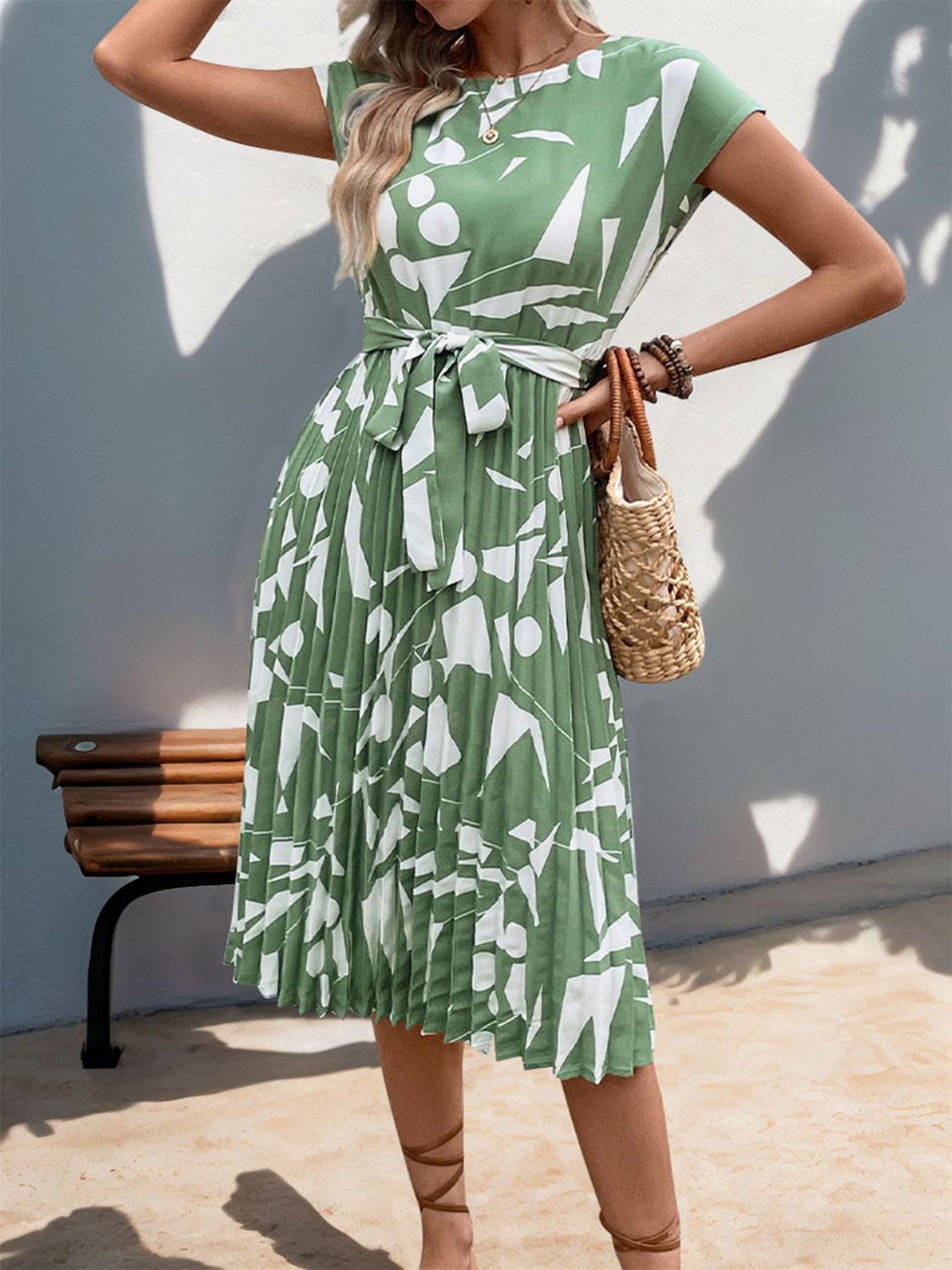 Perfee Tied Pleated Printed Cap Sleeve Dress