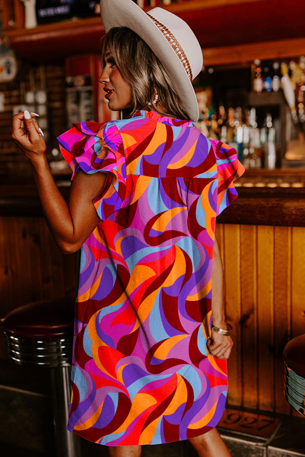 Orange Abstract Print Ruffled Sleeve Shift Dress