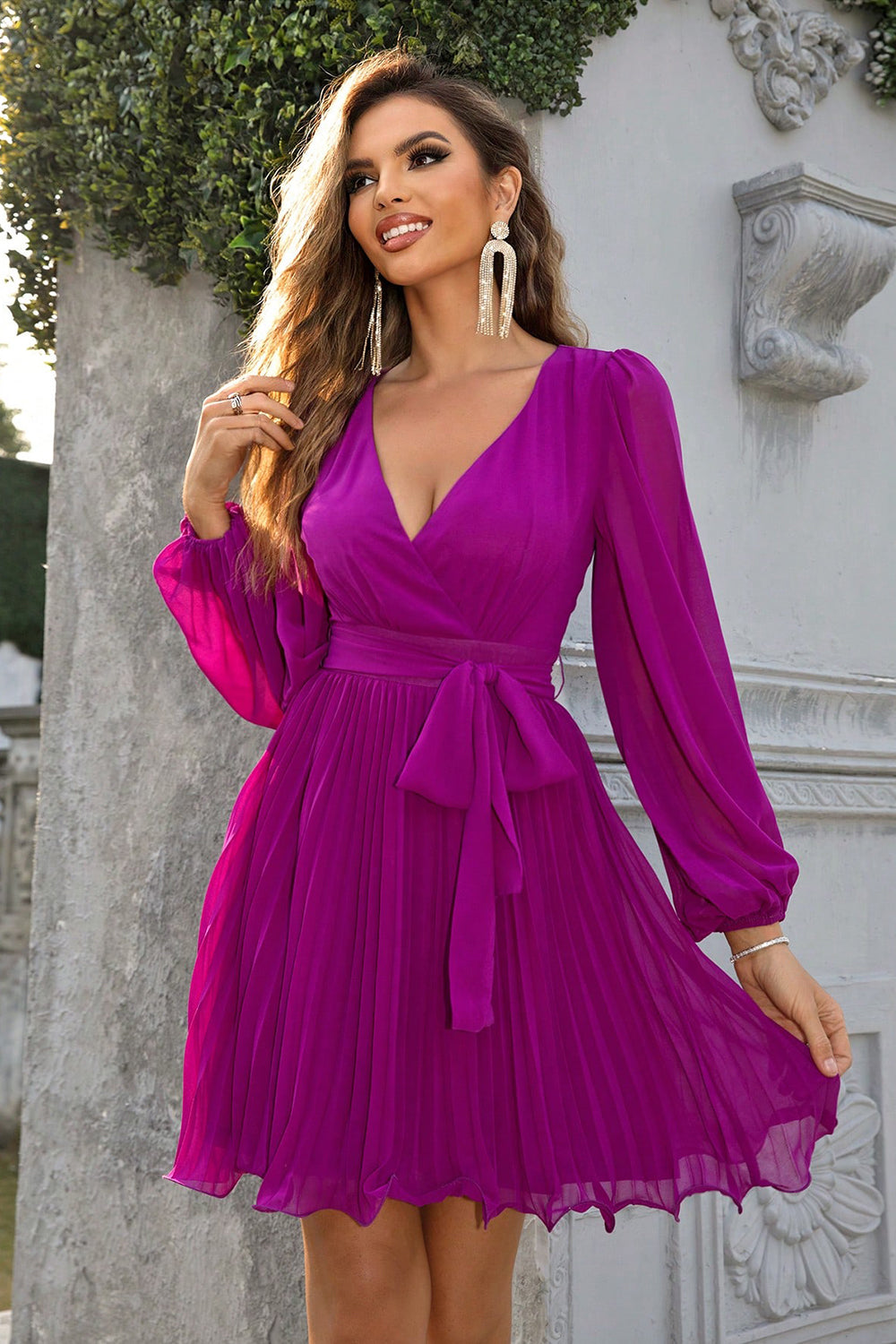 Tied Surplice Neck Pleated Dress