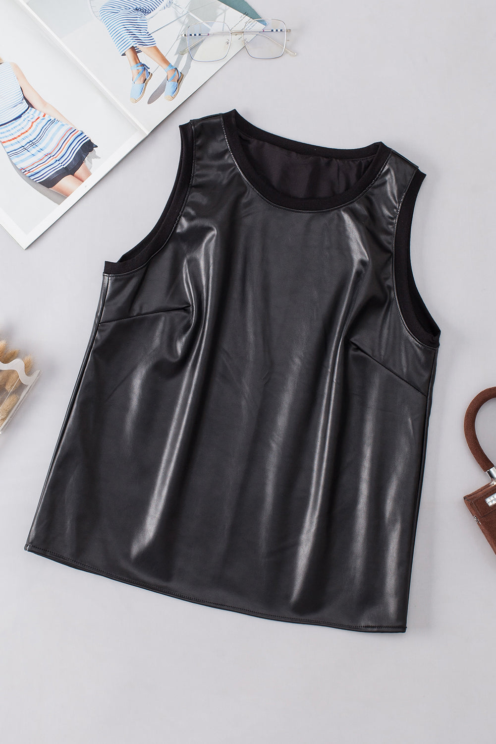 Black Faux Leather Crew Neck Tank Top