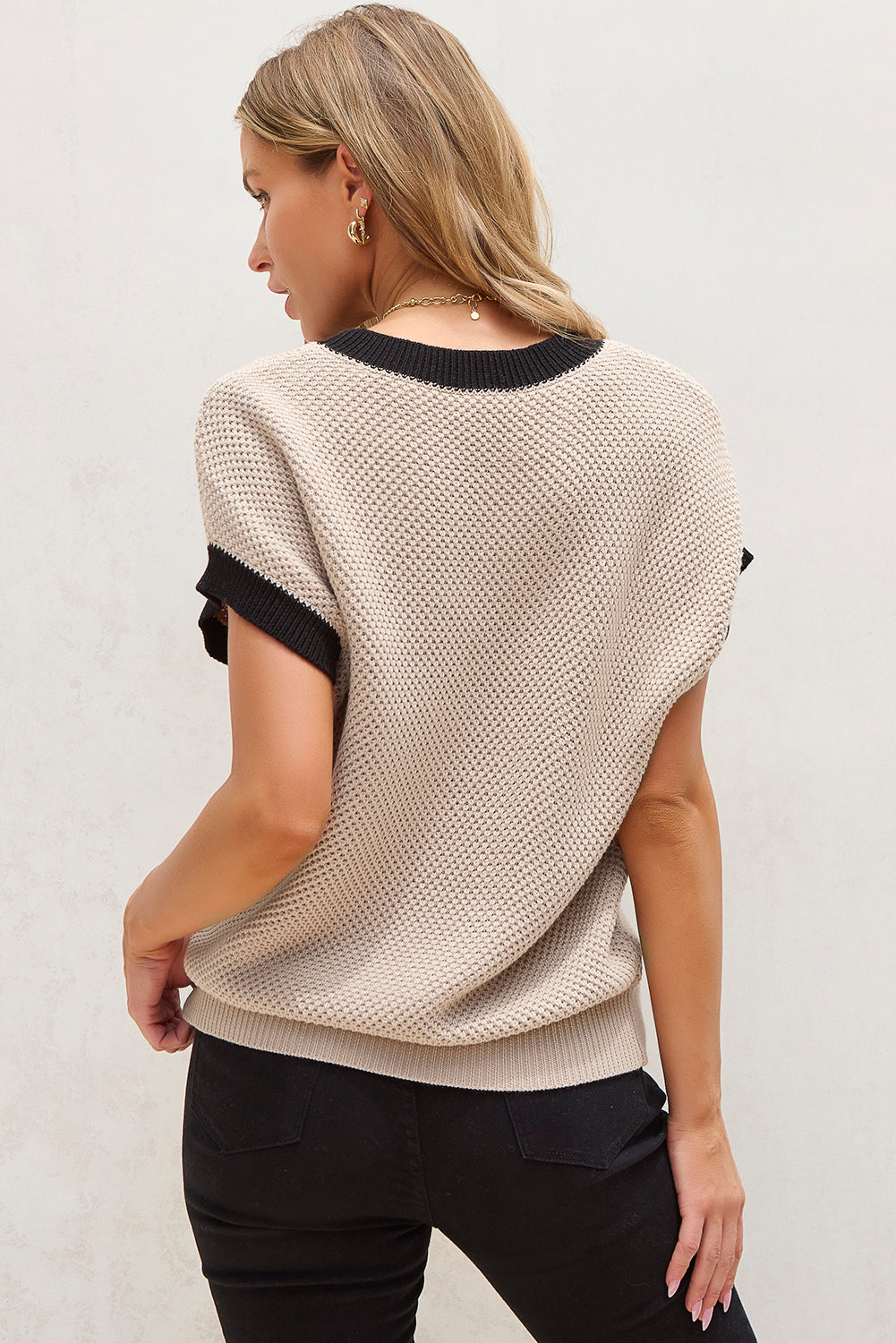 Contrast Trim Round Neck Cap Sleeve Knit Top