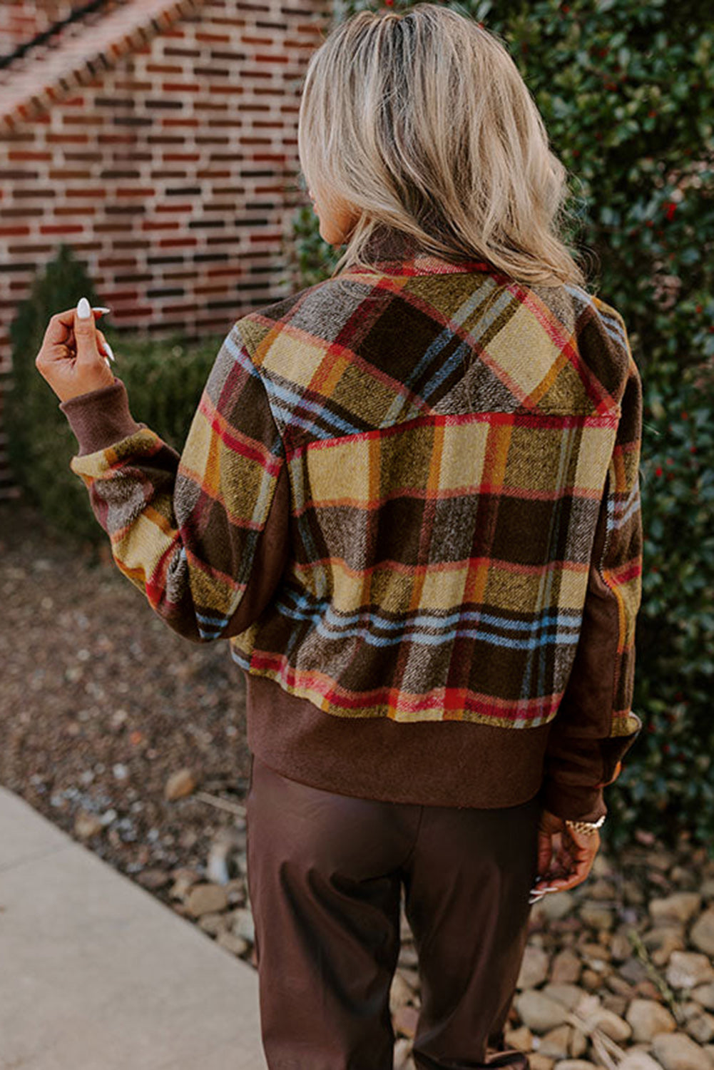 Brown Plaid Print Chest Pockets Button Zipper Stand Neck Jacket