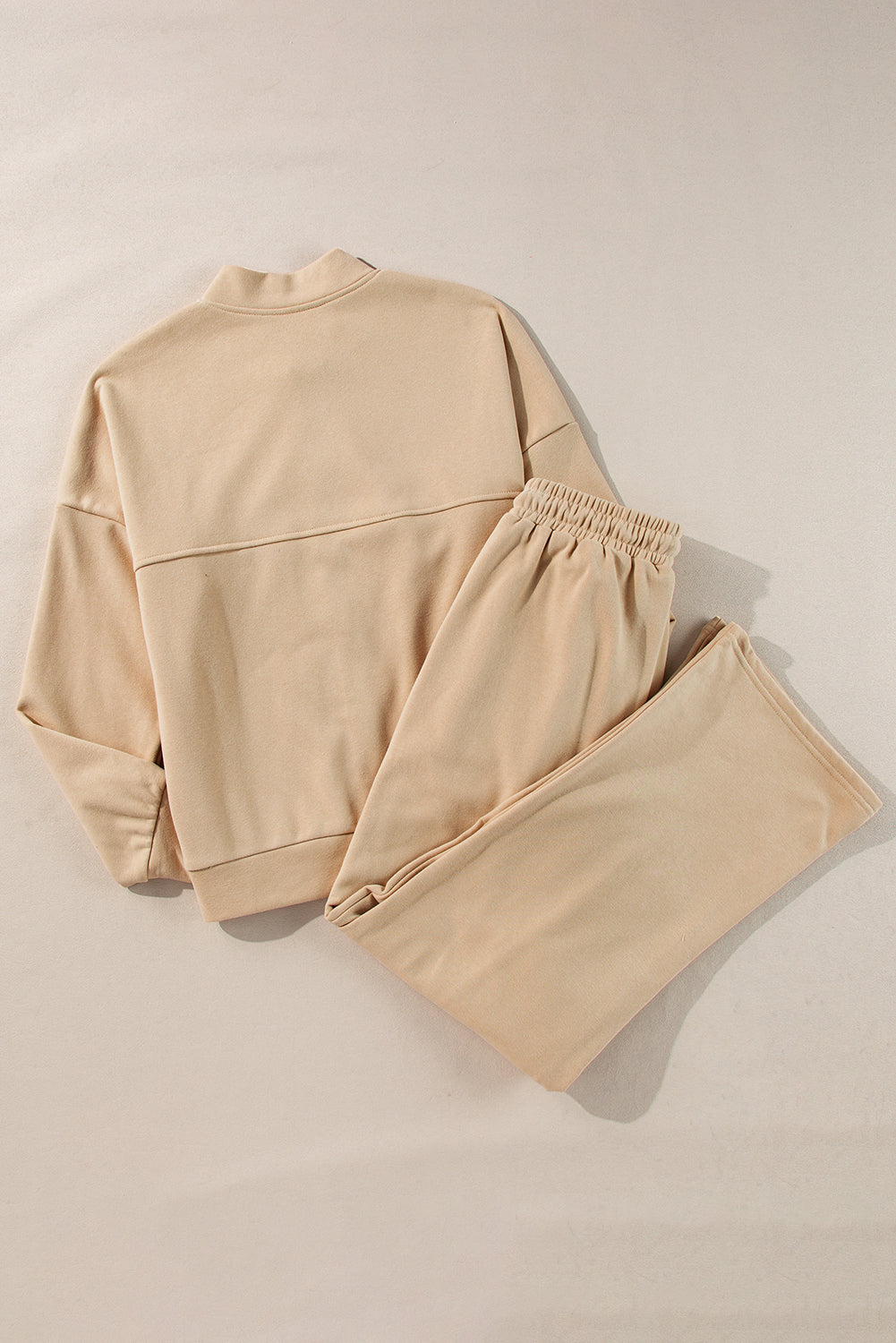 Apricot Solid Seamed Zipper Jacket and Drawstring Waist Pants Set