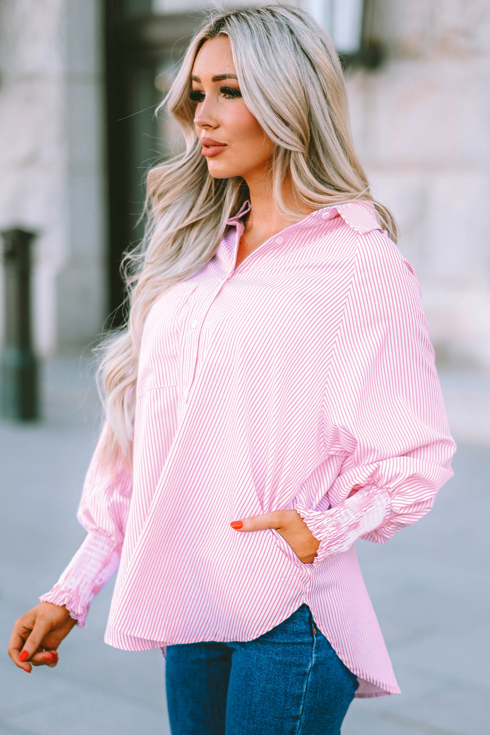 Pink Smocked Cuffed Striped Boyfriend Shirt with Pocket