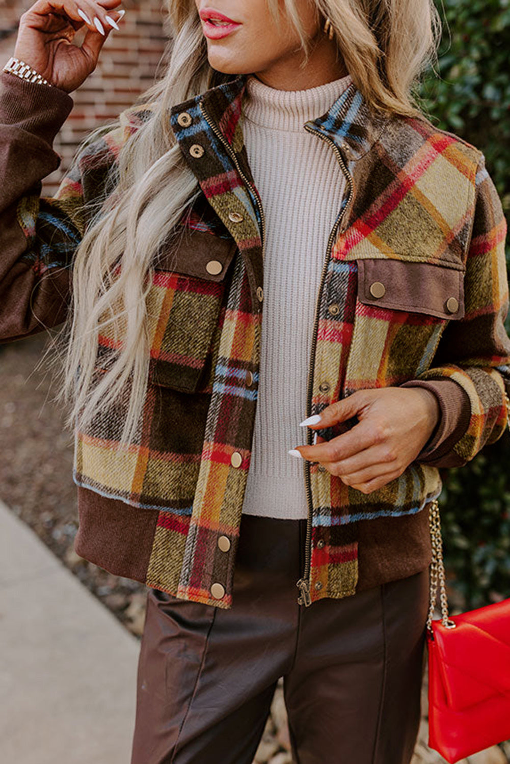 Brown Plaid Print Chest Pockets Button Zipper Stand Neck Jacket